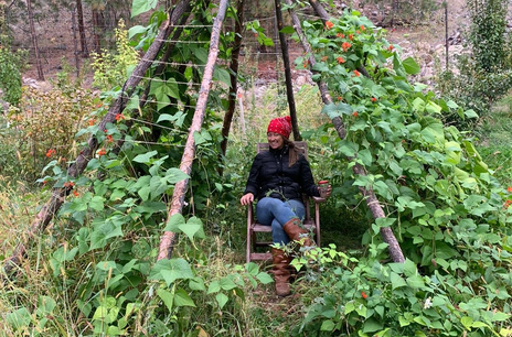 Heidi in the bean-pole garden at Magic Mountain Botanicals, Naramata